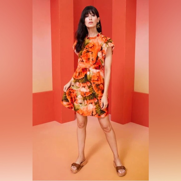 Marie Oliver Ruffle V-Neck Short Sleeve Plated Mini Dress Size XS - Picture 2 of 11